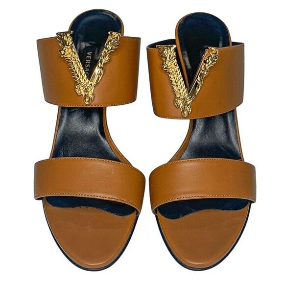 Versace Virtus Brown Leather Mules Heels Gold V Logo EU 39.5 Made in Italy - Picture 2 of 12